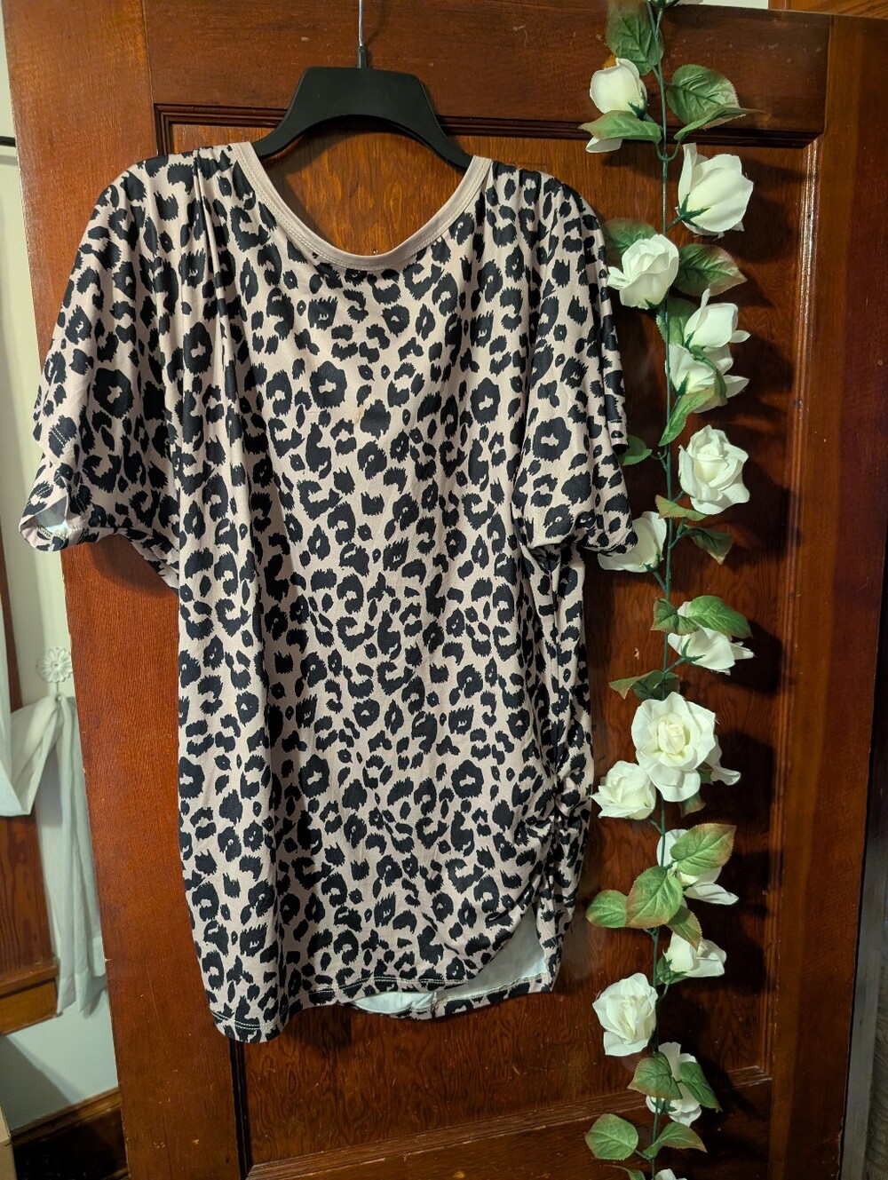Amazon Women's Short Sleeve Leopard Print Top - Beige and Black XXL